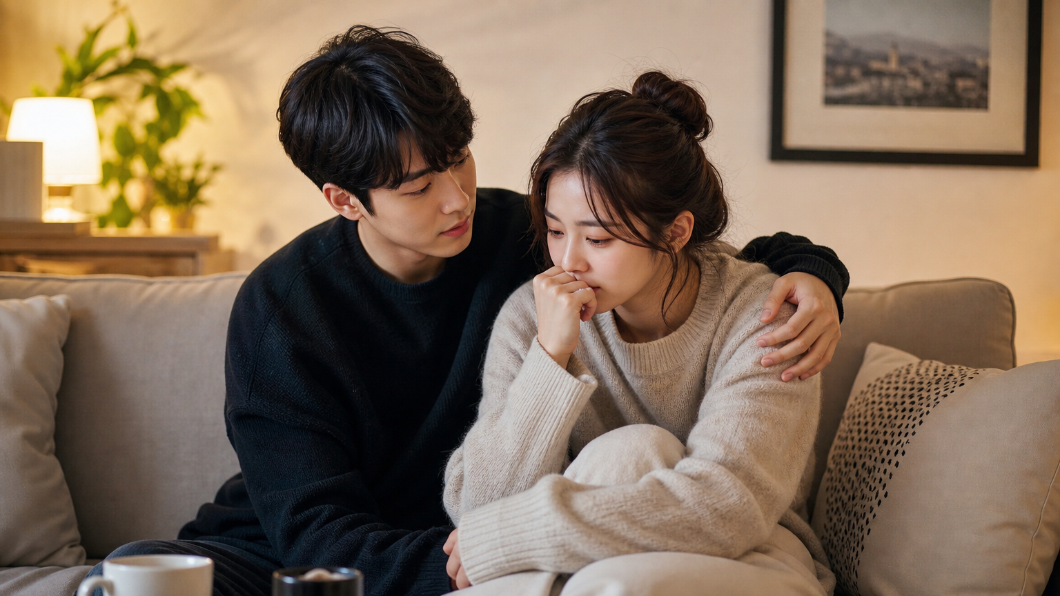 소파에 앉아 서로를 이해하며 위로하는 한국 커플