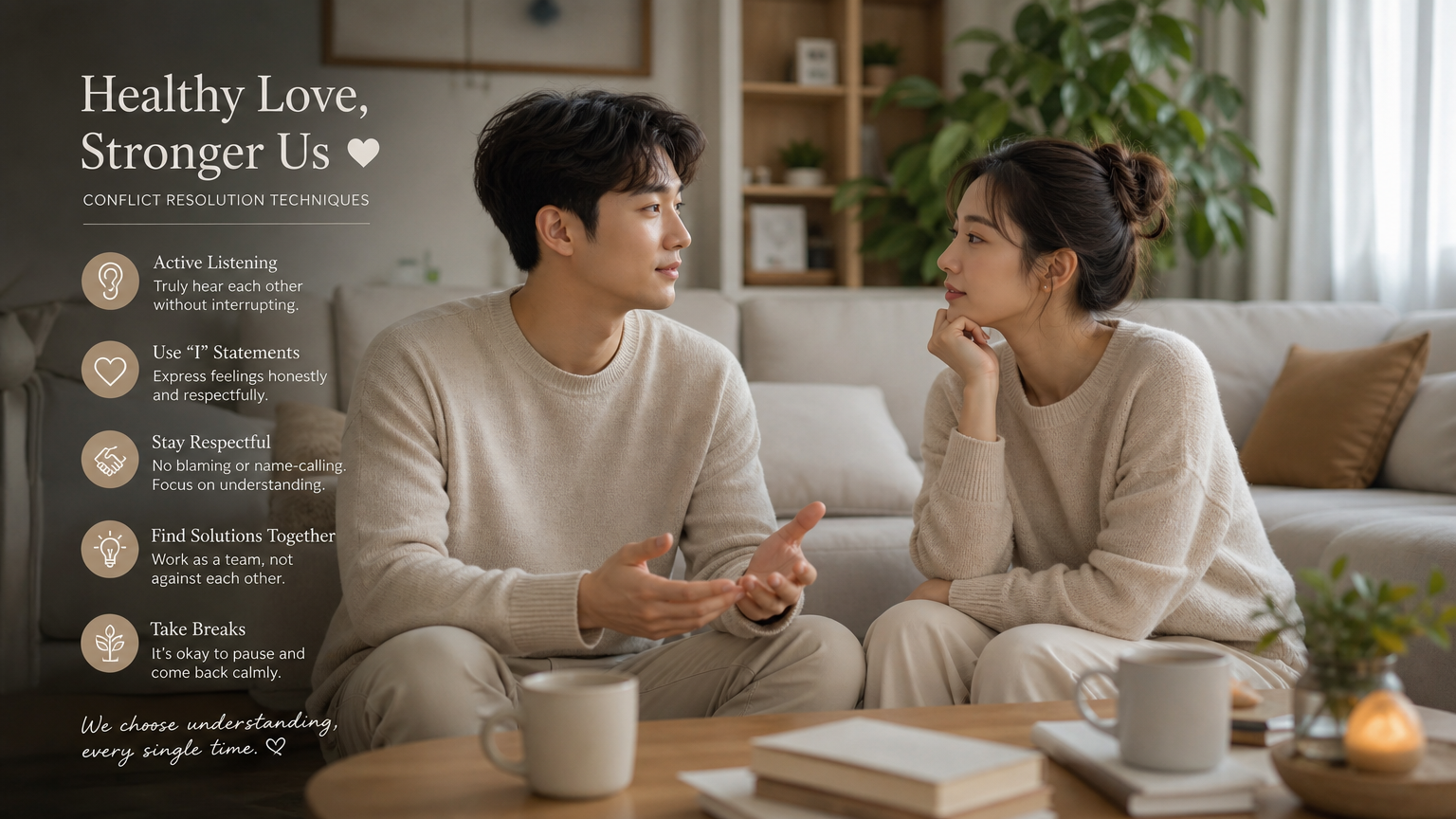 차분하고 침착하게 갈등 해결 기술을 연습하는 한국 커플