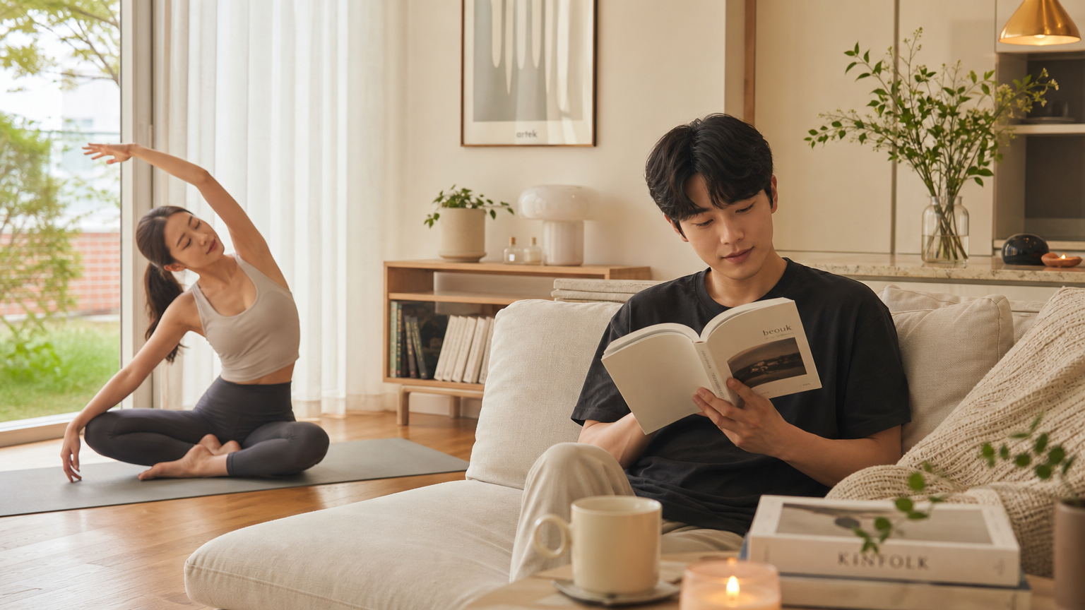 각자의 자기 관리를 실천하는 결혼한 한국 커플의 개인 활동 모습
