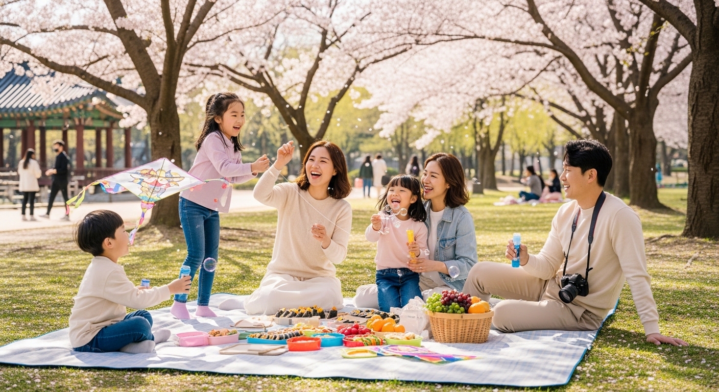 봄날 공원에서 벚꽃 아래 피크닉을 즐기는 가족