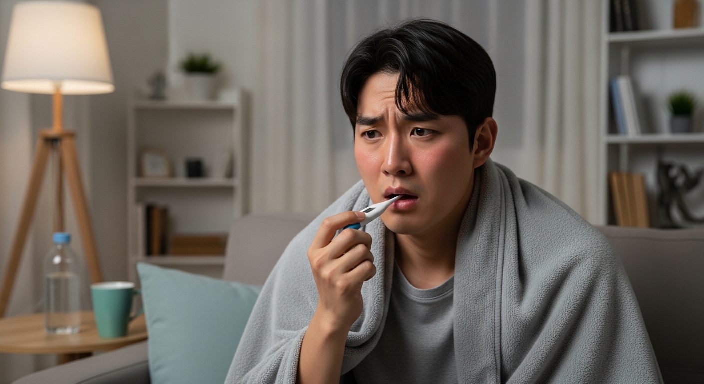 집에서 열과 오한으로 걱정하는 젊은 남성의 모습