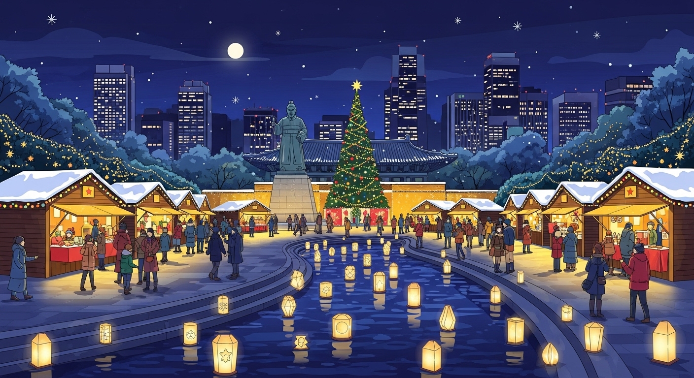 청계천을 따라 설치된 화려한 빛 조형물과 유럽식 크리스마스 마을로 변신한 광화문광장