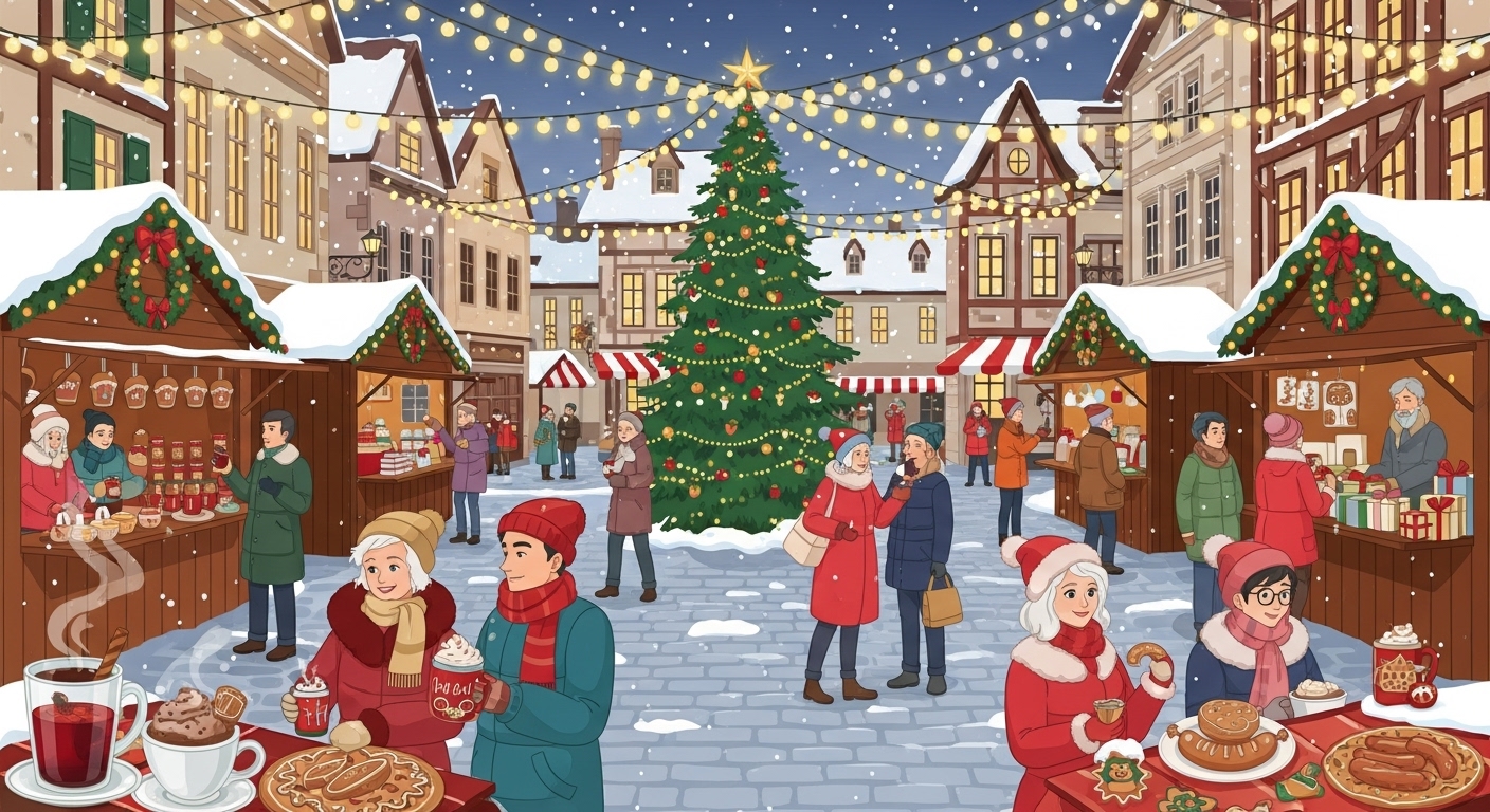 반짝이는 조명 아래 겨울 음식을 즐기고 쇼핑하는 유럽식 크리스마스 빌리지 분위기