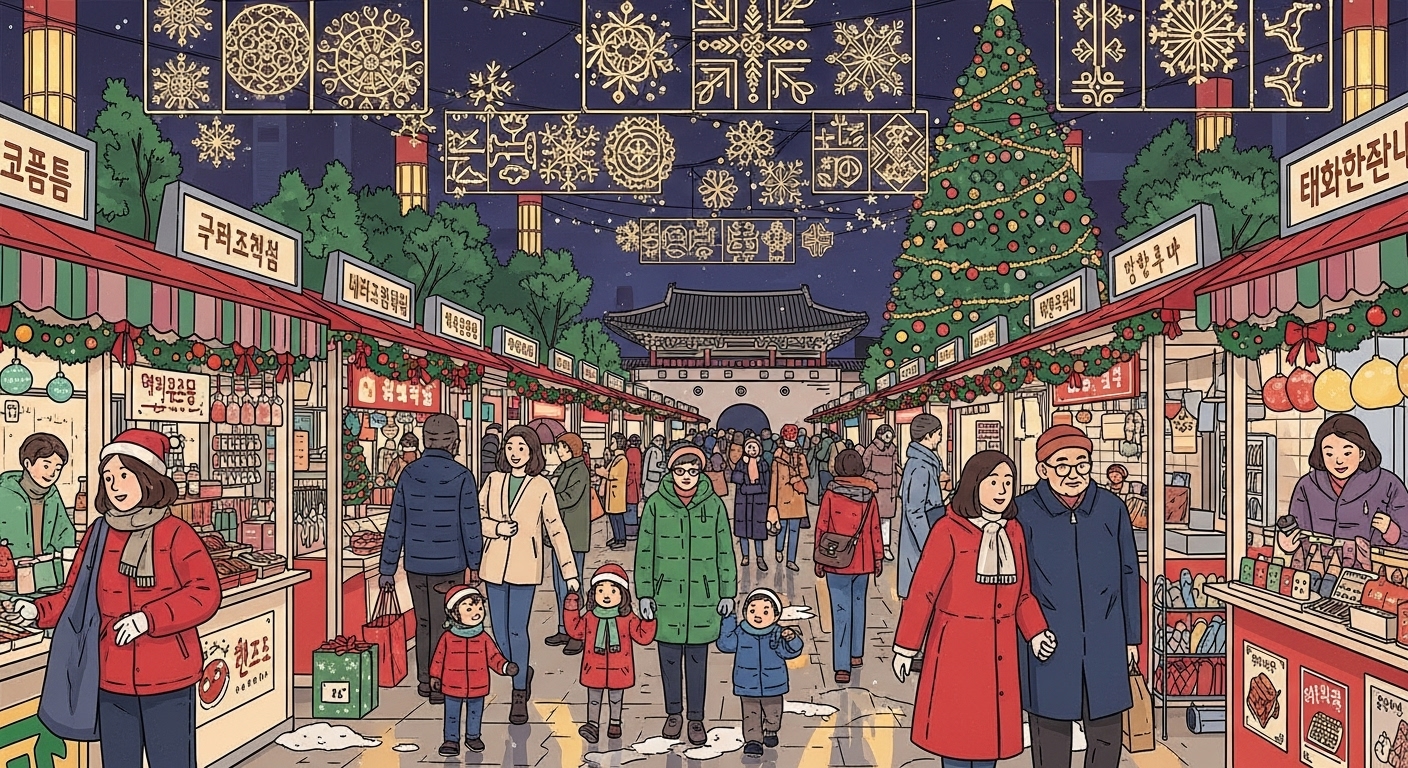 저녁에 크리스마스 테마 부스를 탐방하는 가족들과 관광객들