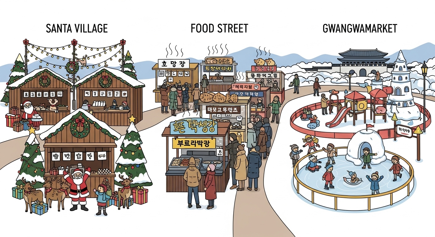 목조 부스가 있는 산타마을, 겨울 음식을 즐길 수 있는 맛집거리와 어린이 놀이터