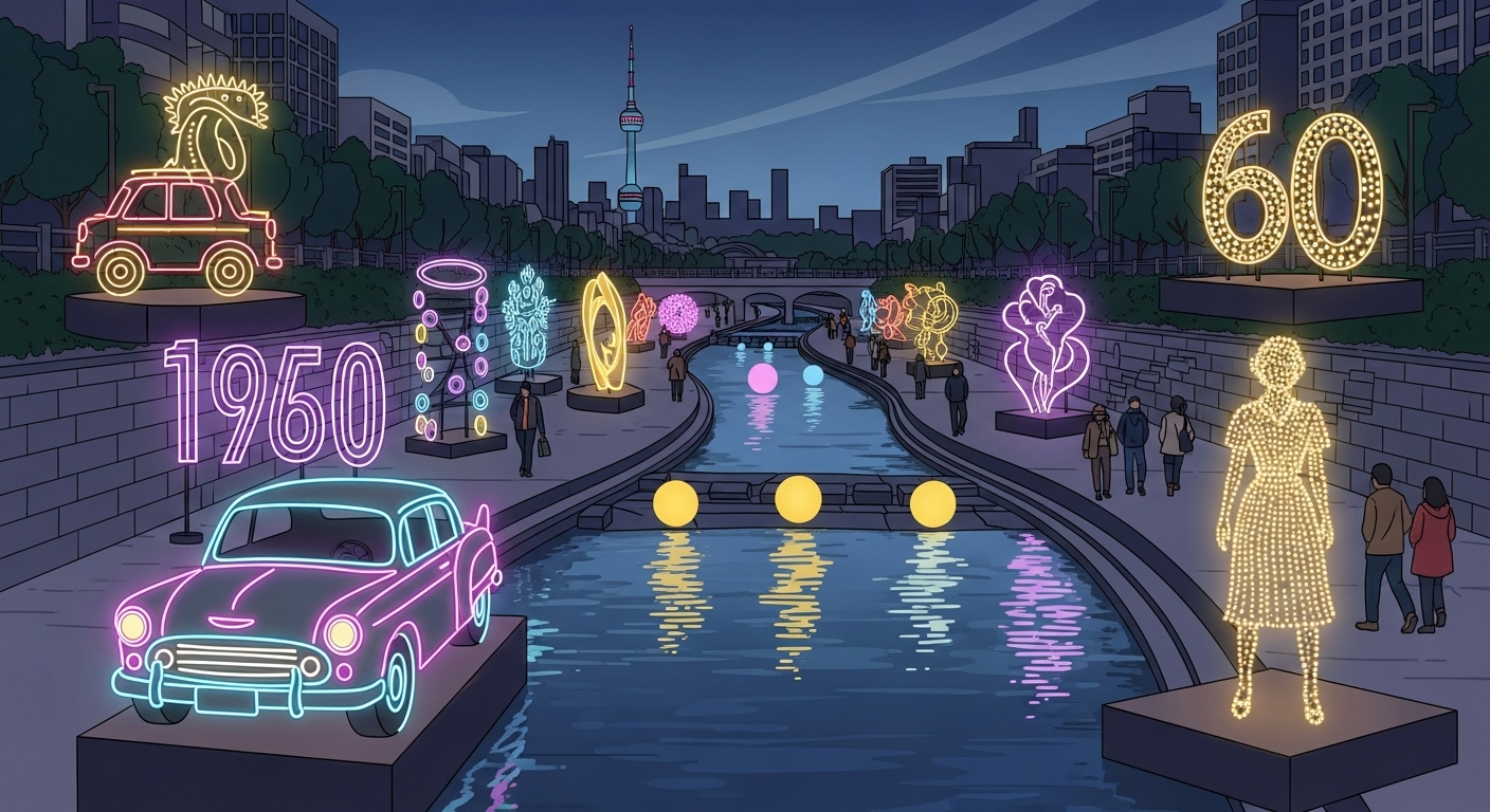 청계천 복원 기념 특별전과 역사적 재현 작품들이 설치된 모습