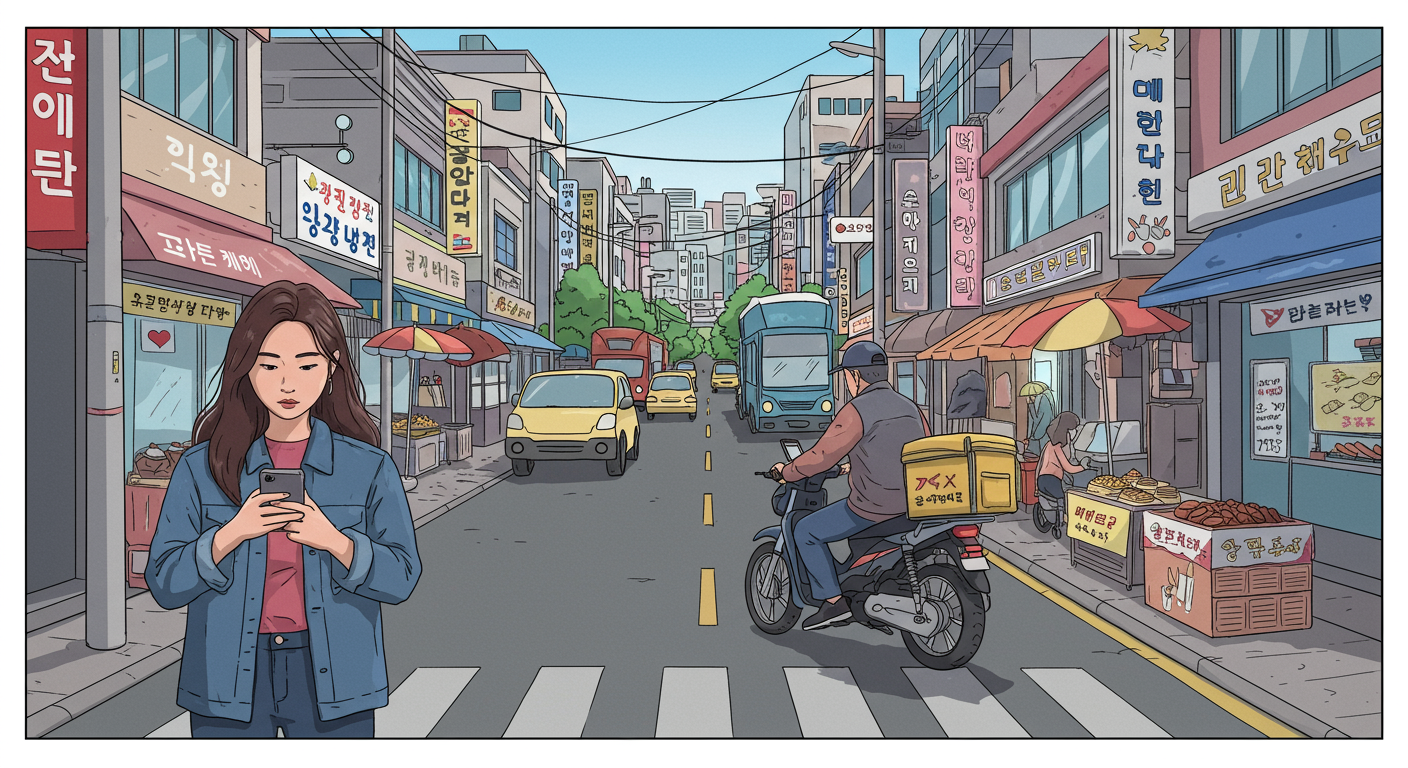서울 거리에서 스마트폰으로 일거리를 찾는 프리랜서와 배달 라이더