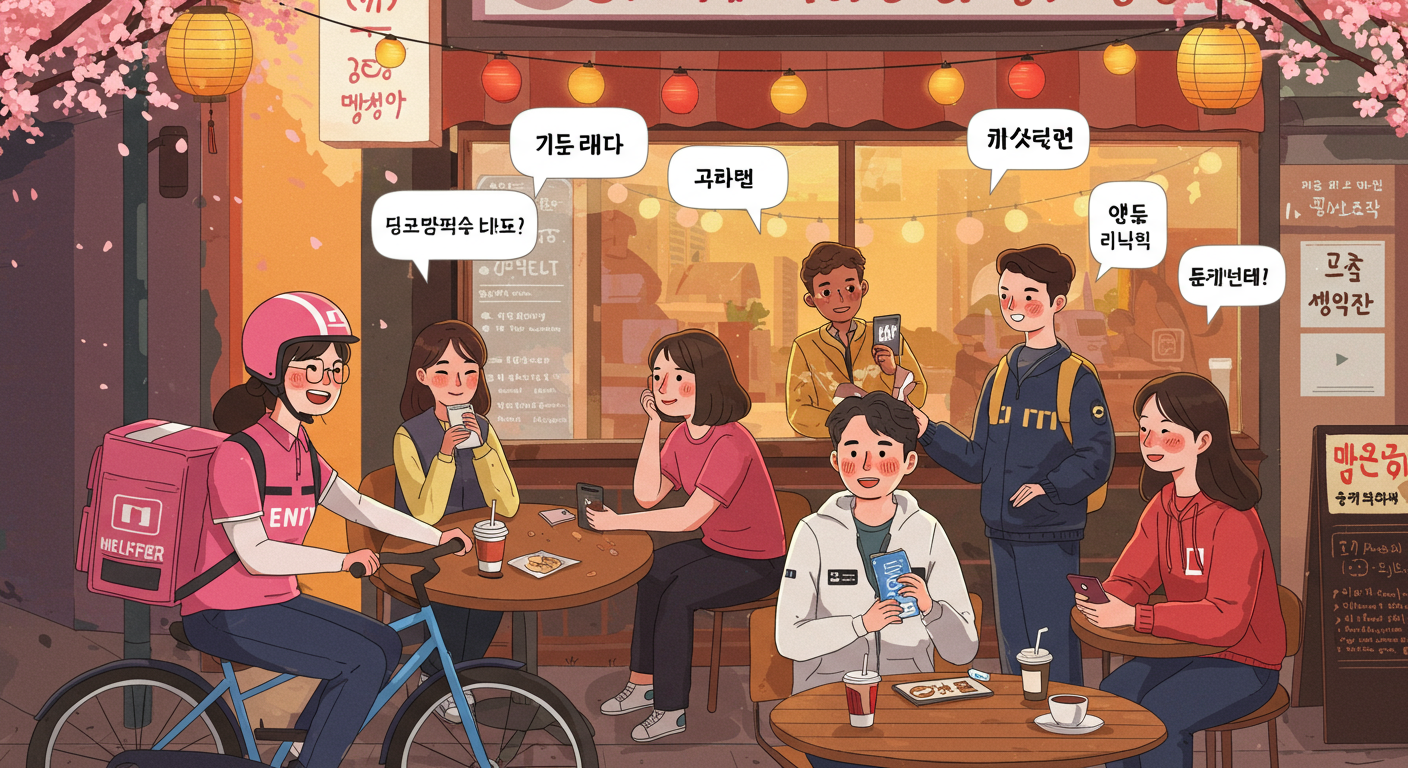야외 카페에서 토론하는 플랫폼 노동자들