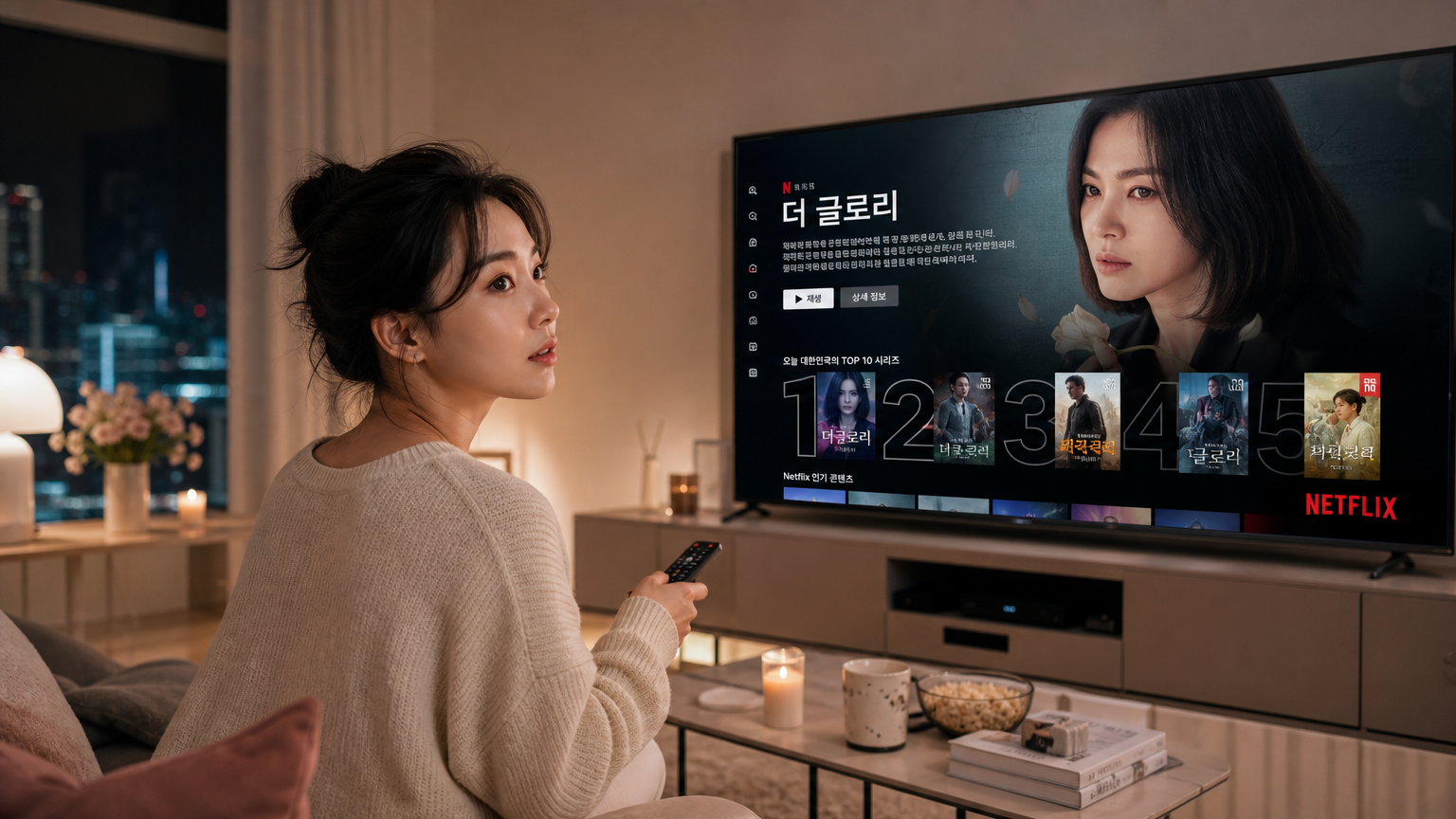 한국 여성이 저녁에 거실에서 스마트 TV로 넷플릭스를 탐색하는 모습