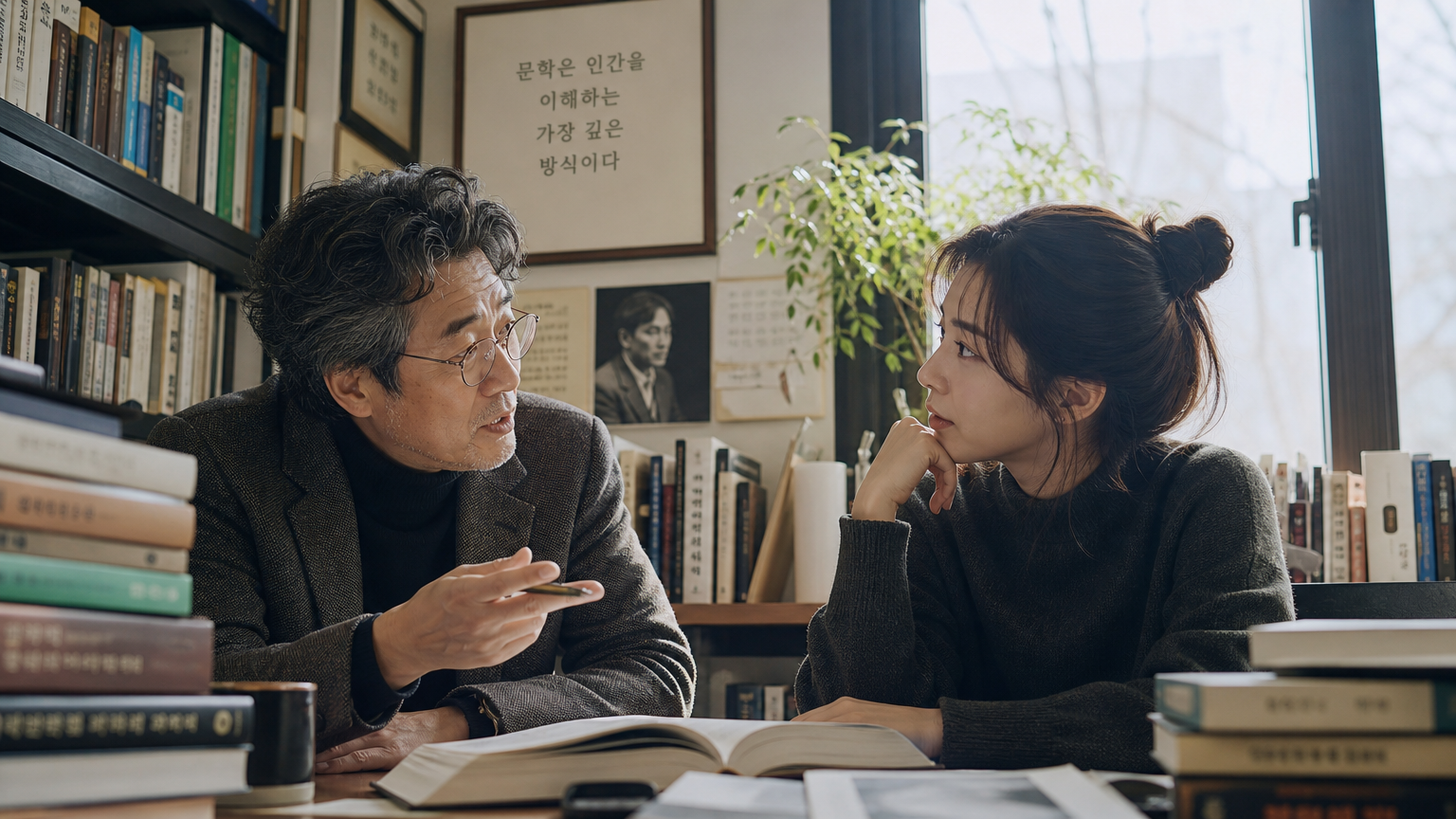 한국 교수와 성인이 된 학생이 대학교 사무실에서 문학 작품을 두고 진지하게 토론하는 모습