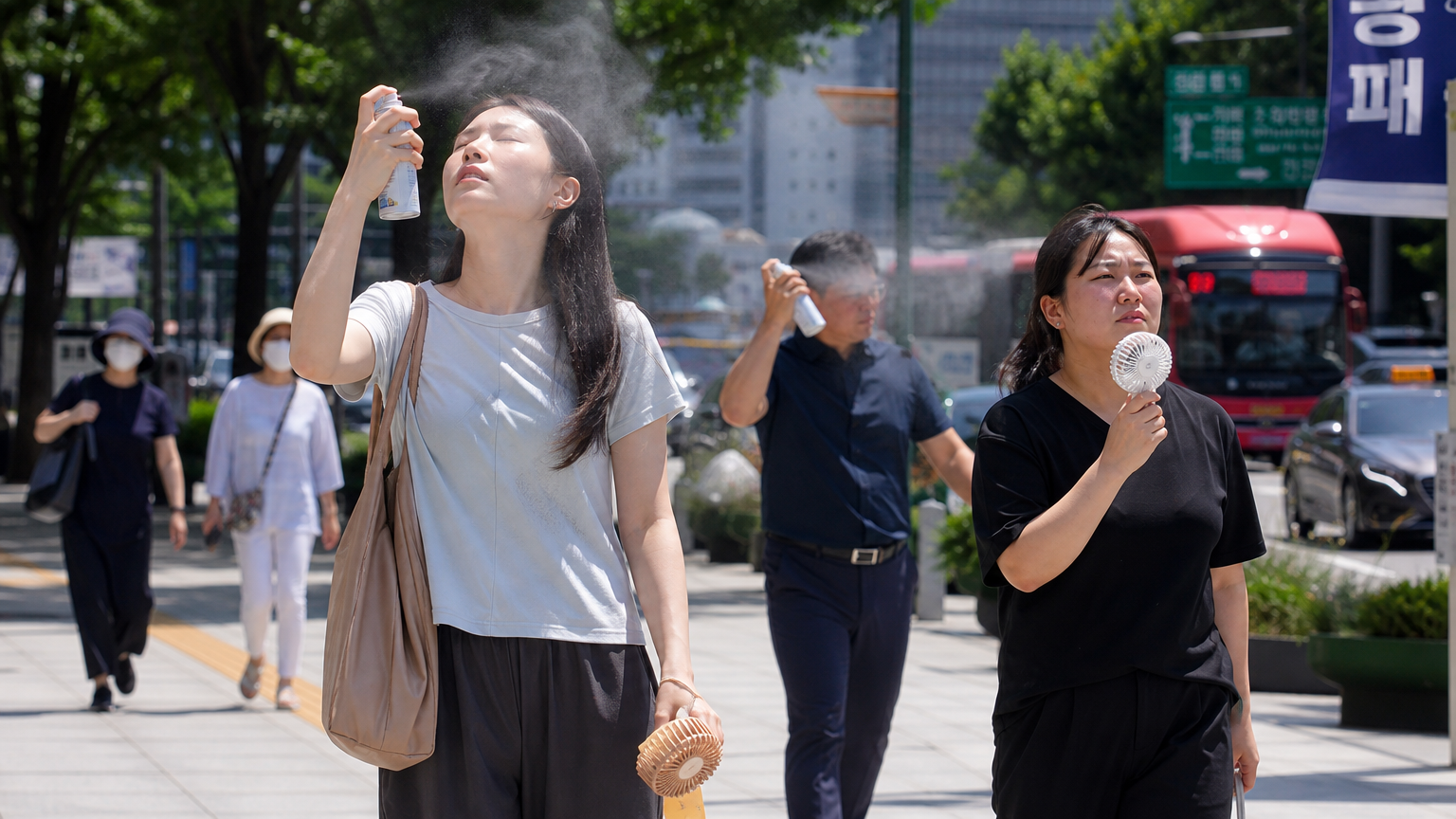 도심 속에서 무더위를 식히기 위해 쿨링 스프레이를 사용하는 사람들