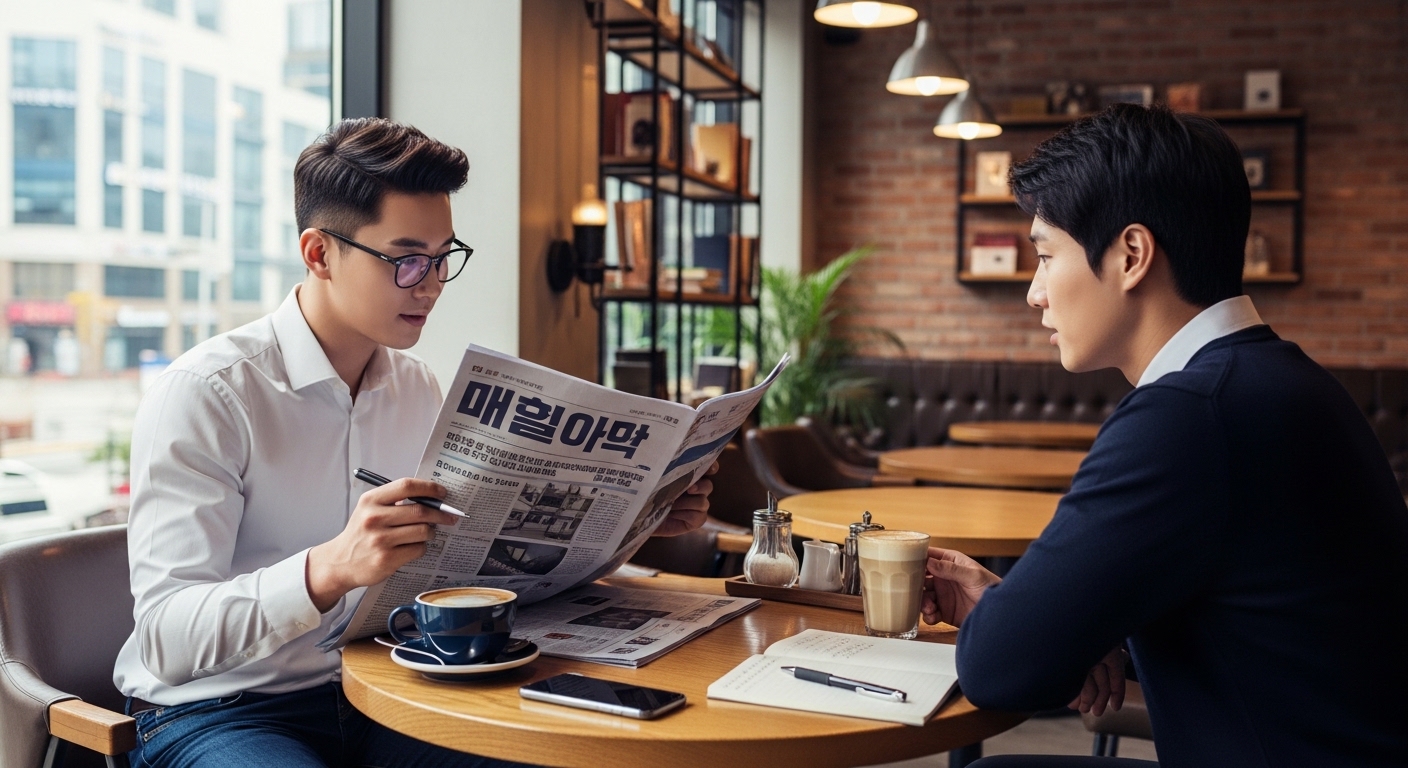 양도세 중과 다주택자 데드라인 늦춰진 뉴스 확인, 도시 카페에서 신문을 읽으며 부동산 세금에 대해 친구와 이야기하는 현대적인 남성
