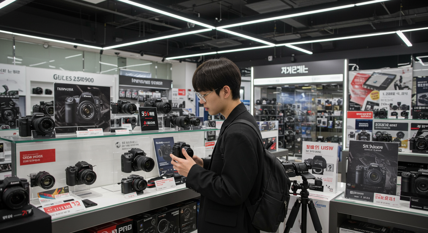 서울의 한 카메라 매장에서 최신 디지털 카메라를 둘러보는 젊은 성인 모습