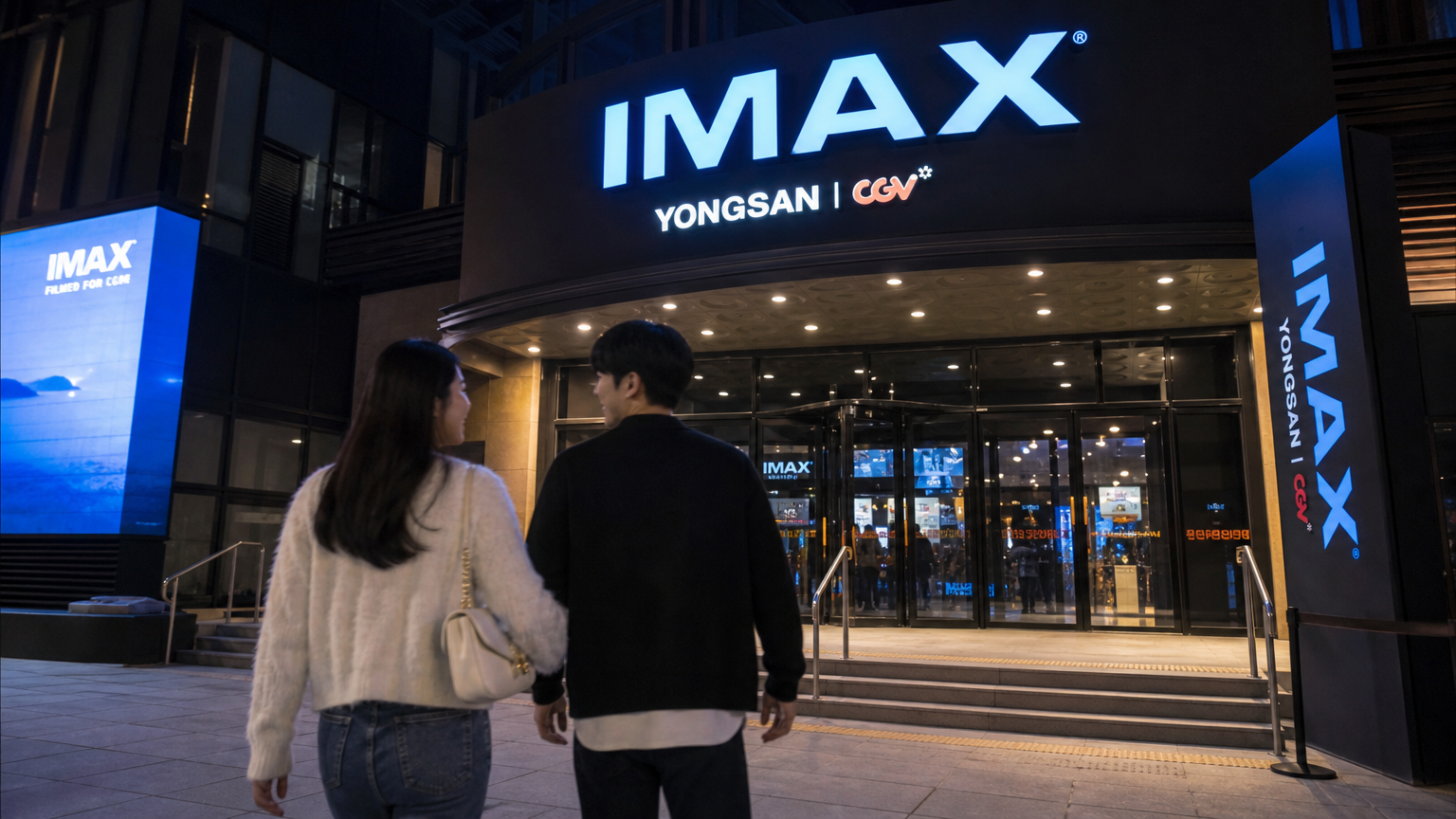 현대적인 한국 커플이 야간의 화려한 조명 속에서 용산 아이맥스 극장 입구를 들어가는 모습