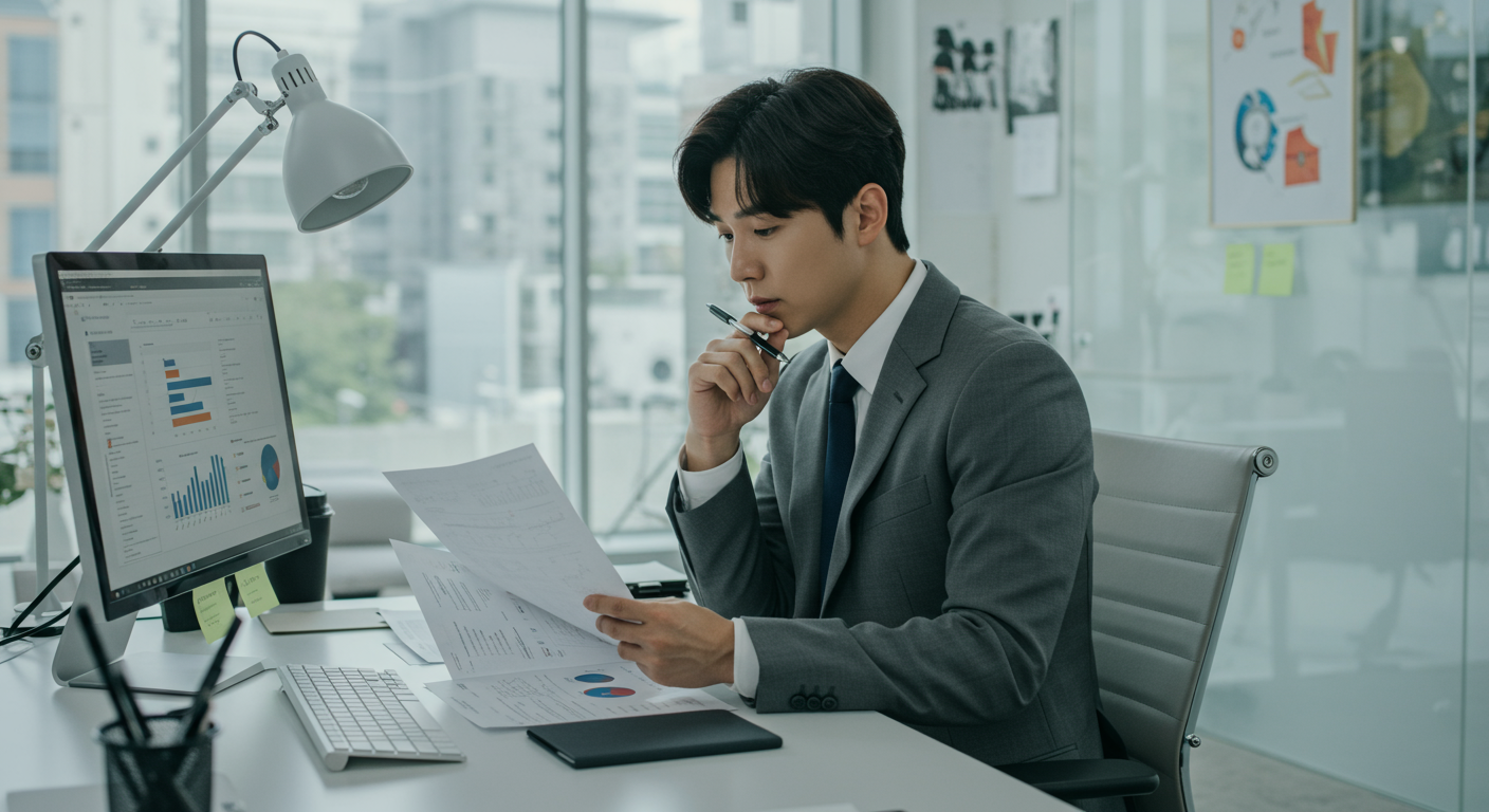 현대적인 사무실에서 금융 서류를 검토하는 직장인의 모습