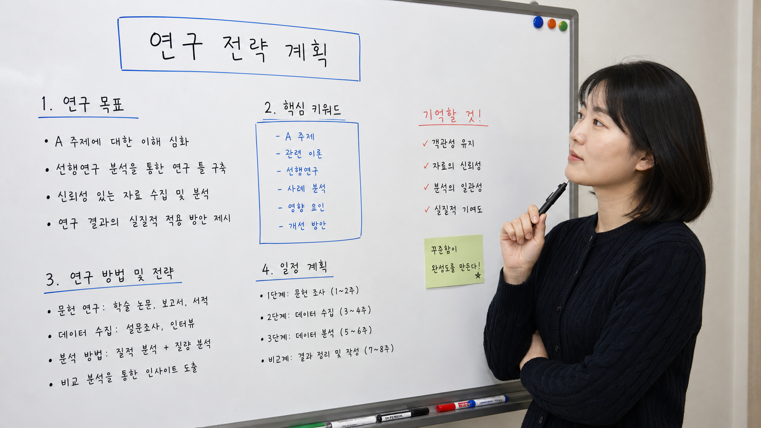 화이트보드에 명확한 목표와 키워드를 적어 놓고 연구 전략을 계획하는 성인 학습자