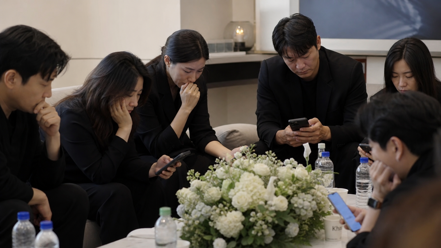 조용한 방에서 스마트폰으로 추모 메시지를 나누는 배우들