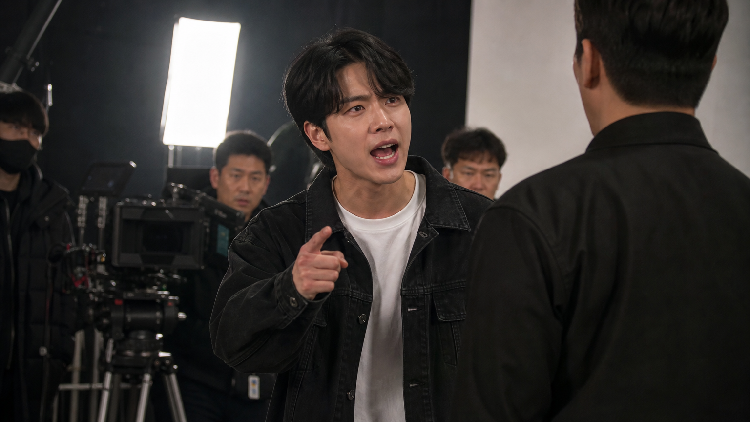 영화 세트장에서 열정적으로 연기하는 젊은 남성