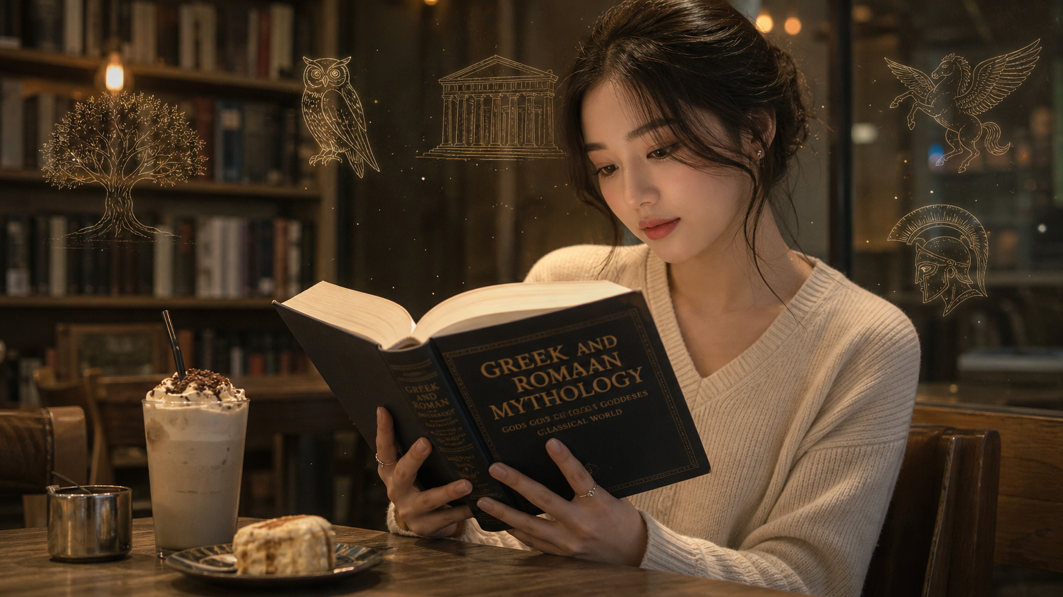 현대적인 한국 여성이 카페에서 그리스 로마 신화 책을 읽는 모습