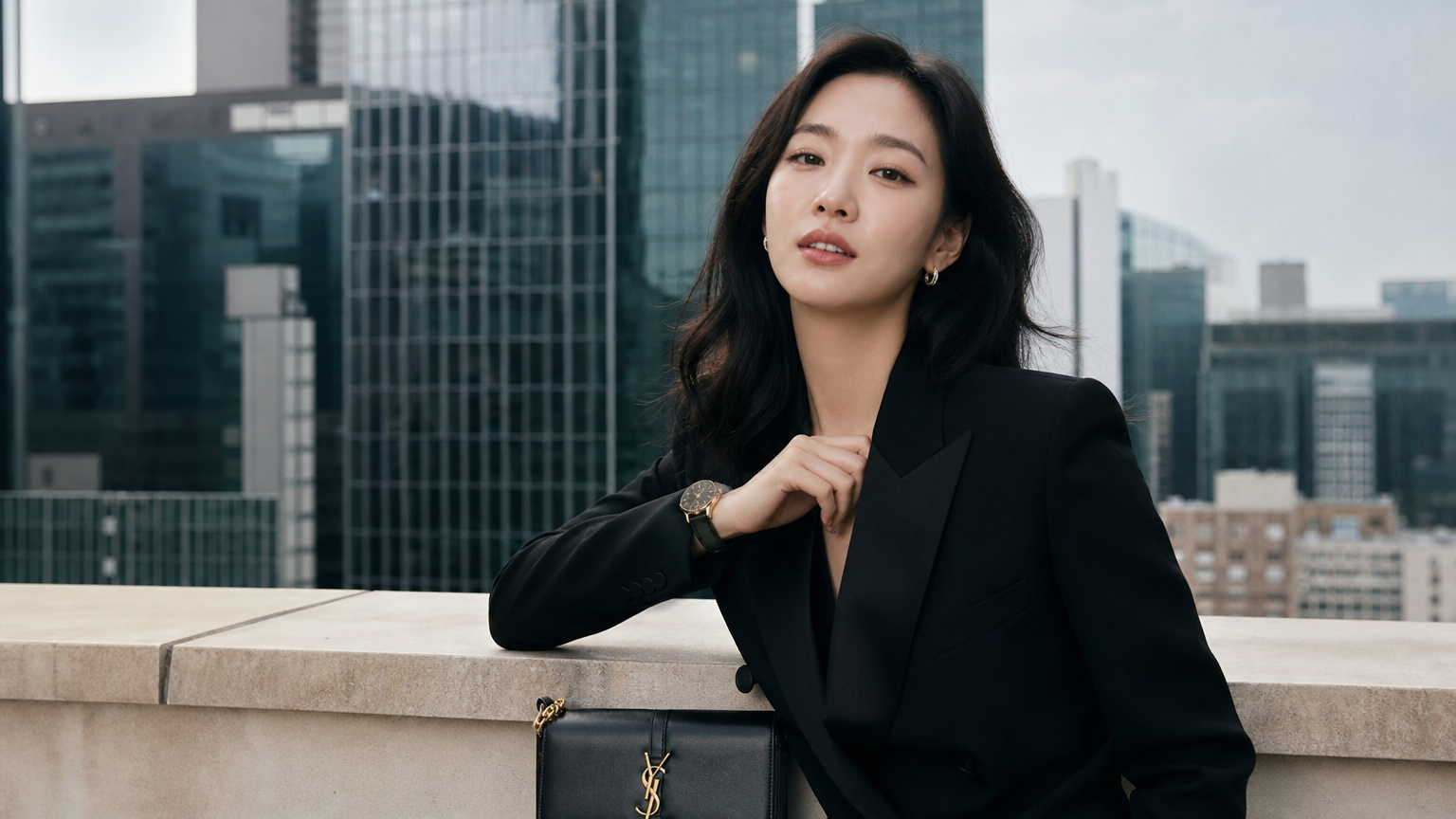 서울 현대적인 지역에서 패션 광고 캠페인을 촬영 중인 우아한 김고은 모습