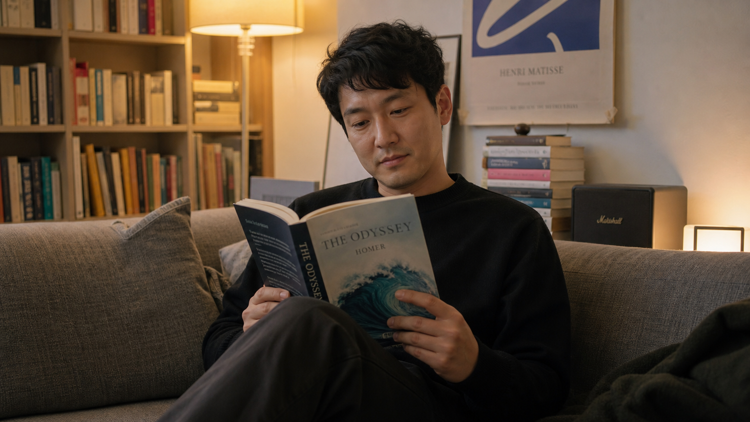 따뜻한 조명 아래 고전을 읽는 남성의 모습