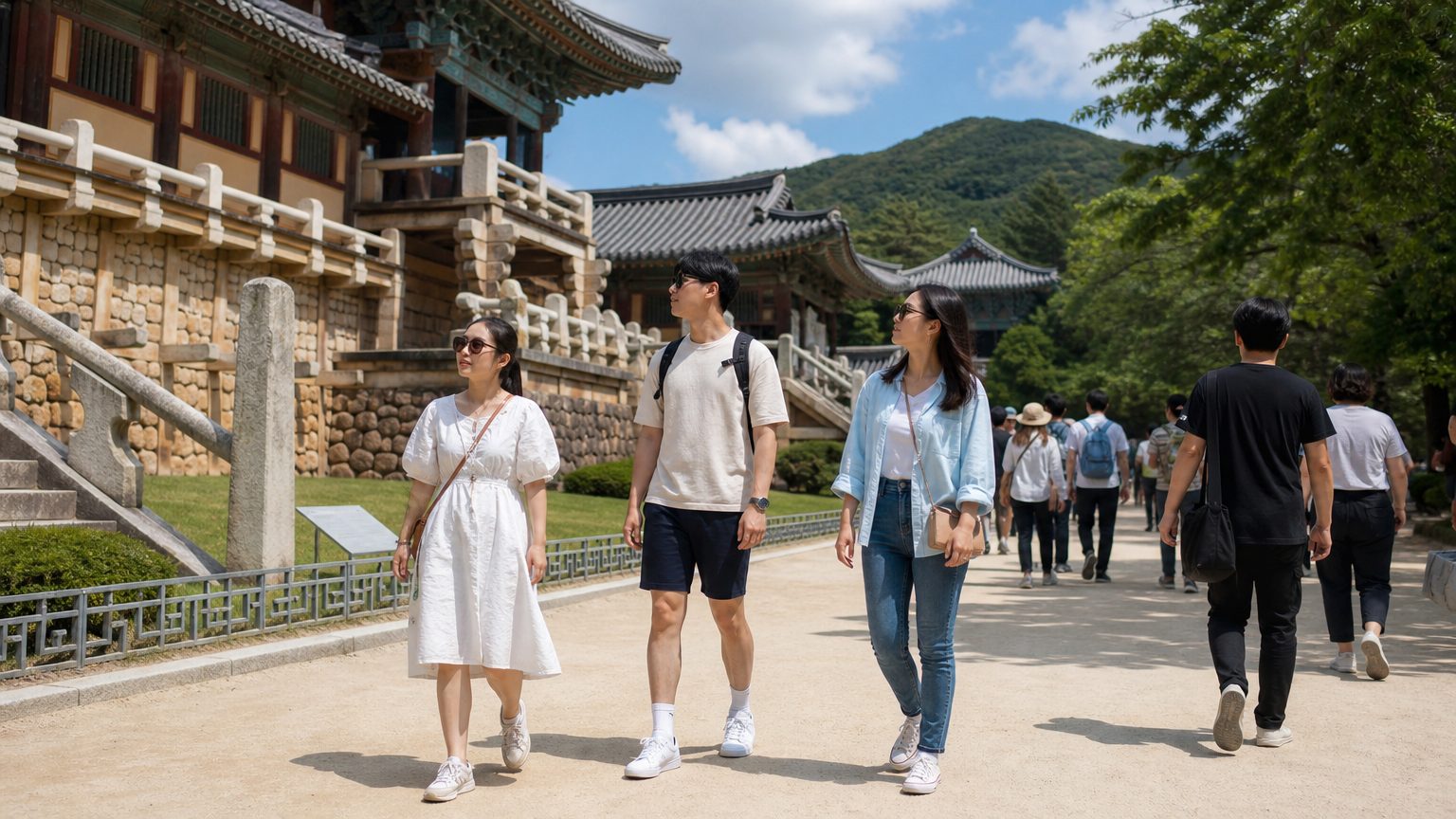 현대 한국 관광객들이 경주의 신라 유적을 탐방하는 모습