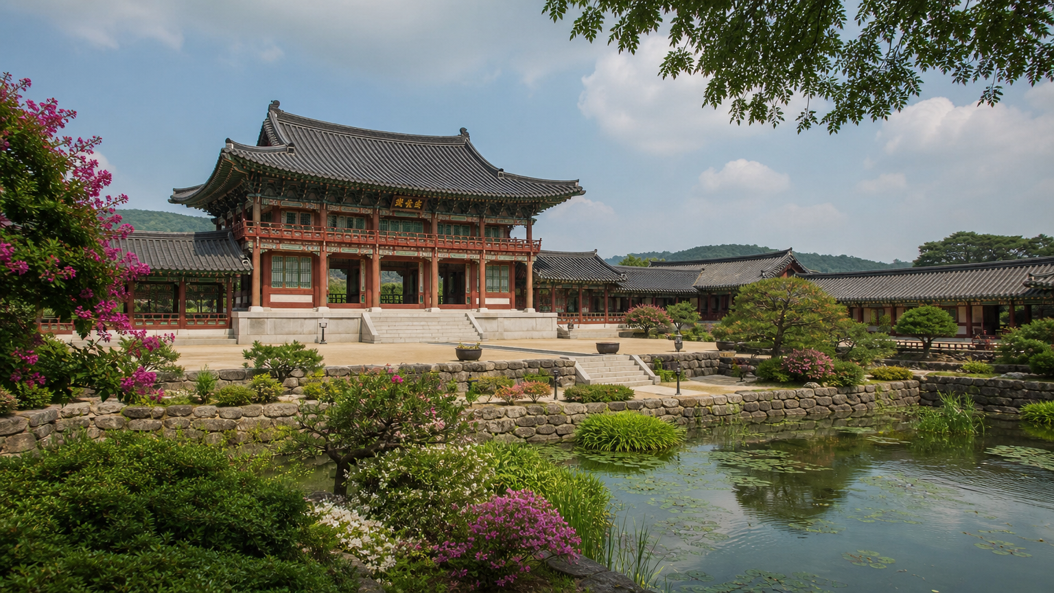 신라 동궁의 우아한 건축 양식과 화려한 정원을 보여주는 모습