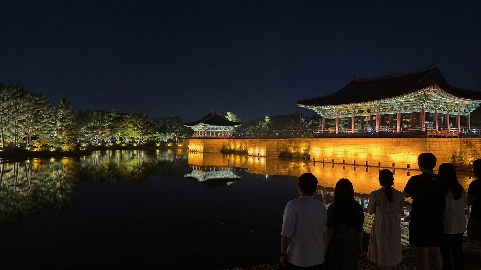 조명이 비추는 밤의 경주 동궁과 월지를 감상하는 방문객들의 모습