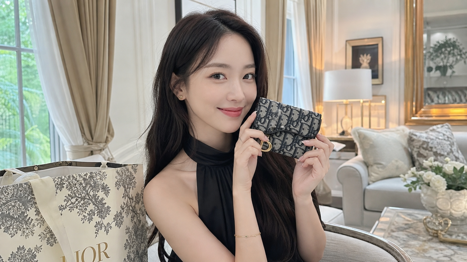 세련된 여성이 고급스러운 실내에서 디올 지갑을 들고 있는 모습