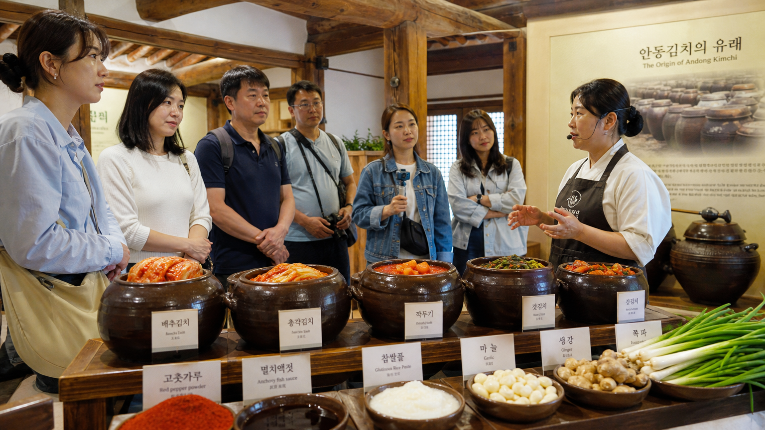 현대적인 한국 미식 여행 그룹이 안동의 전통 김치 제조 시설을 탐방하는 모습