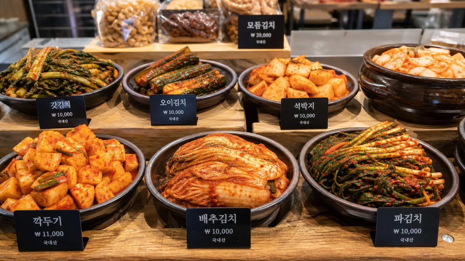 다양한 종류의 한국 김치들이 현대적인 시장 분위기 속에 진열된 모습