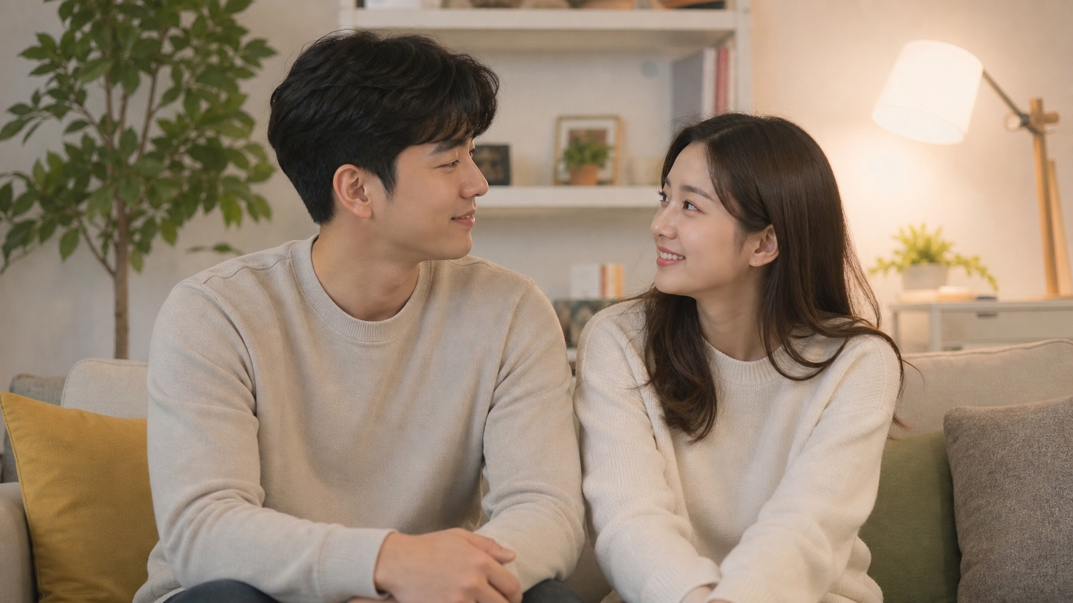 따뜻한 거실에서 서로를 바라보며 희망적인 표정을 짓고 있는 현대적 한국인 커플