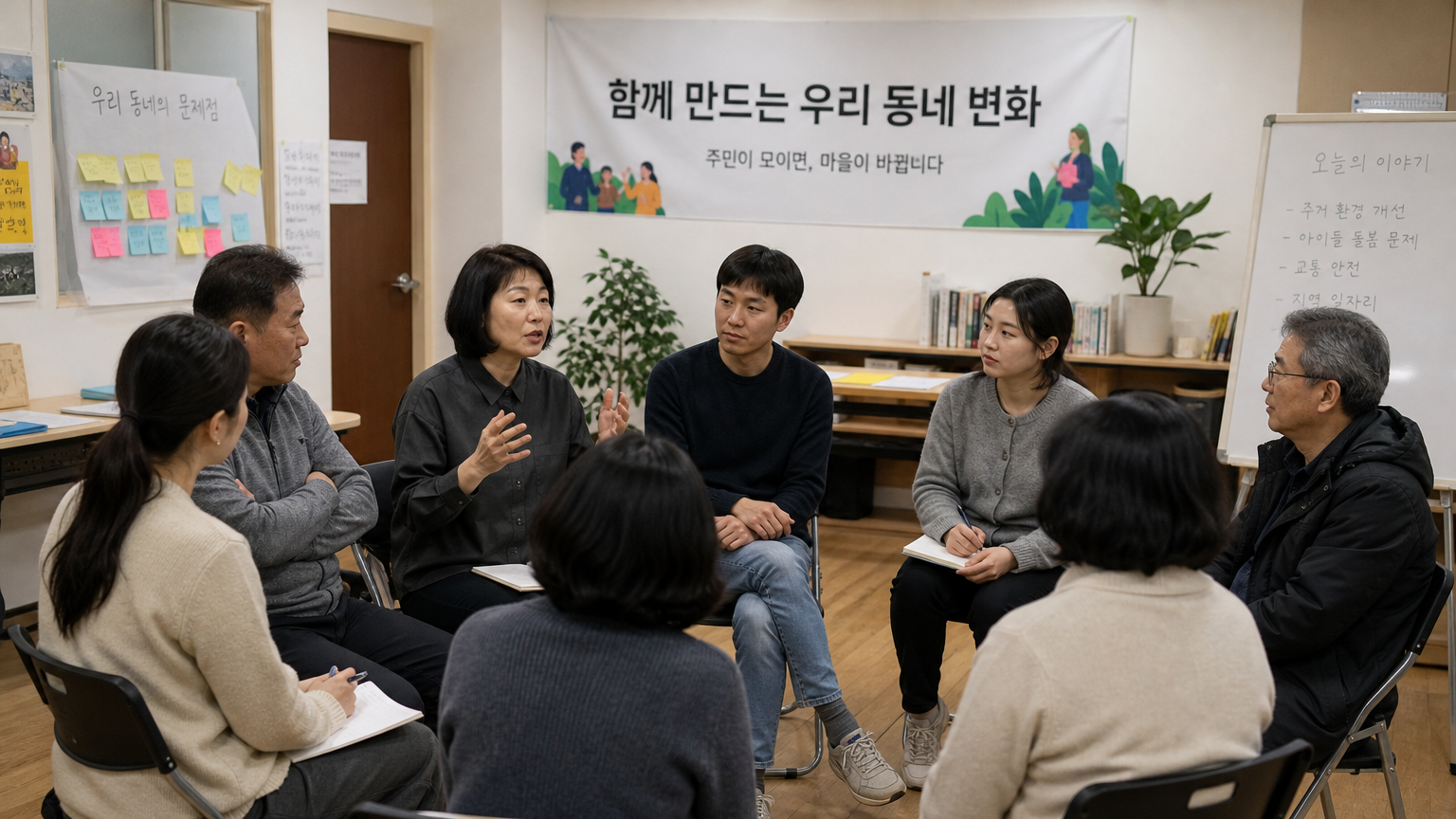 커뮤니티 센터 회의실에서 함께 토론하고 서로 지지하는 다양한 한국인 성인들