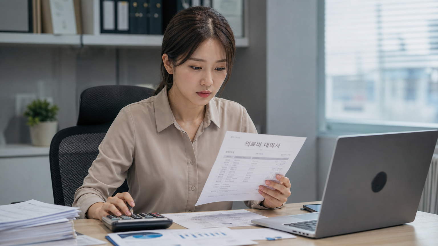노트북과 계산기를 사용하여 의료비 관련 재정 서류를 검토하는 현대적 한국 직장인
