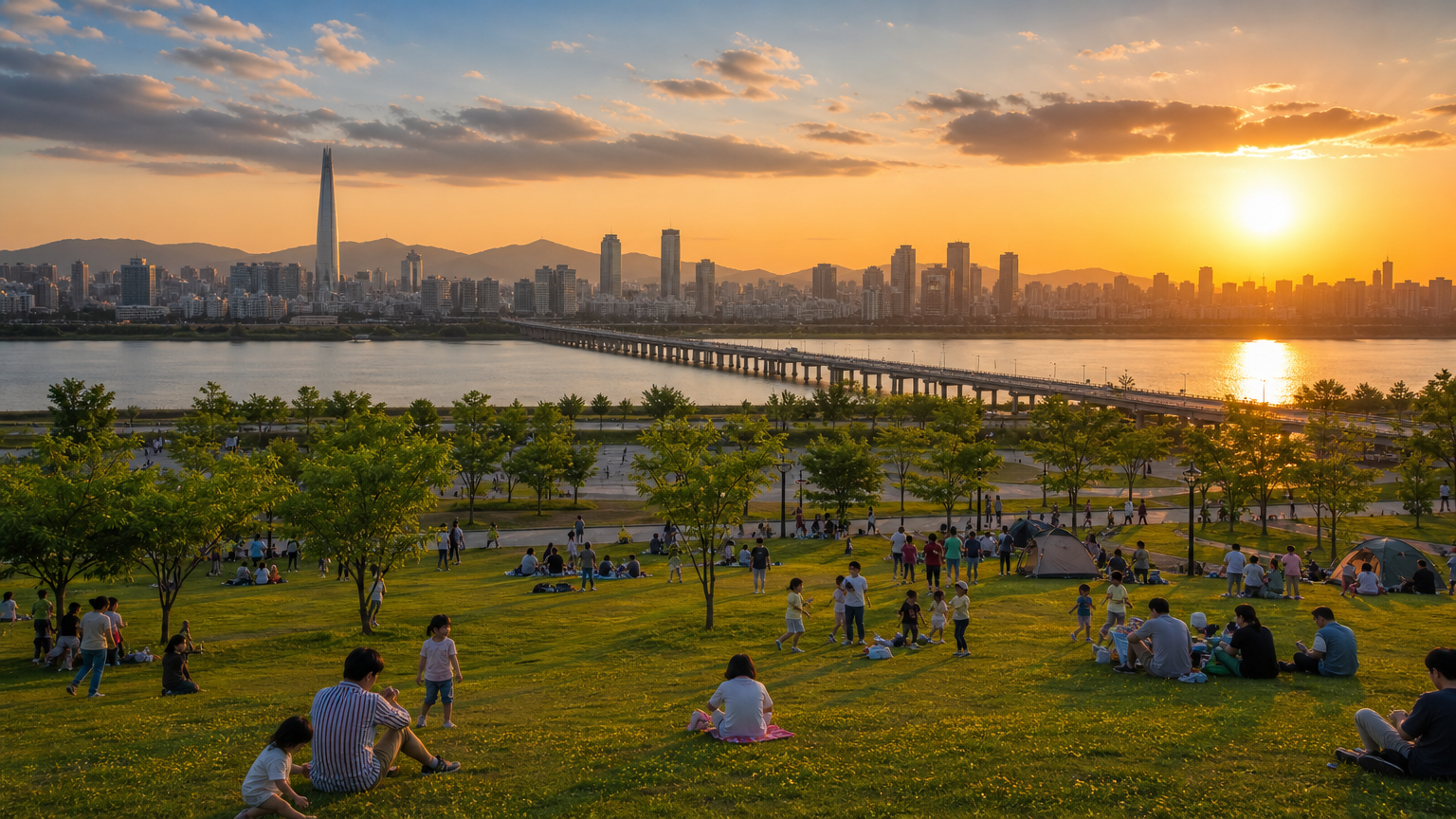일몰 아래 서울 도시 풍경과 공원에서 즐거운 시간을 보내는 가족들의 모습