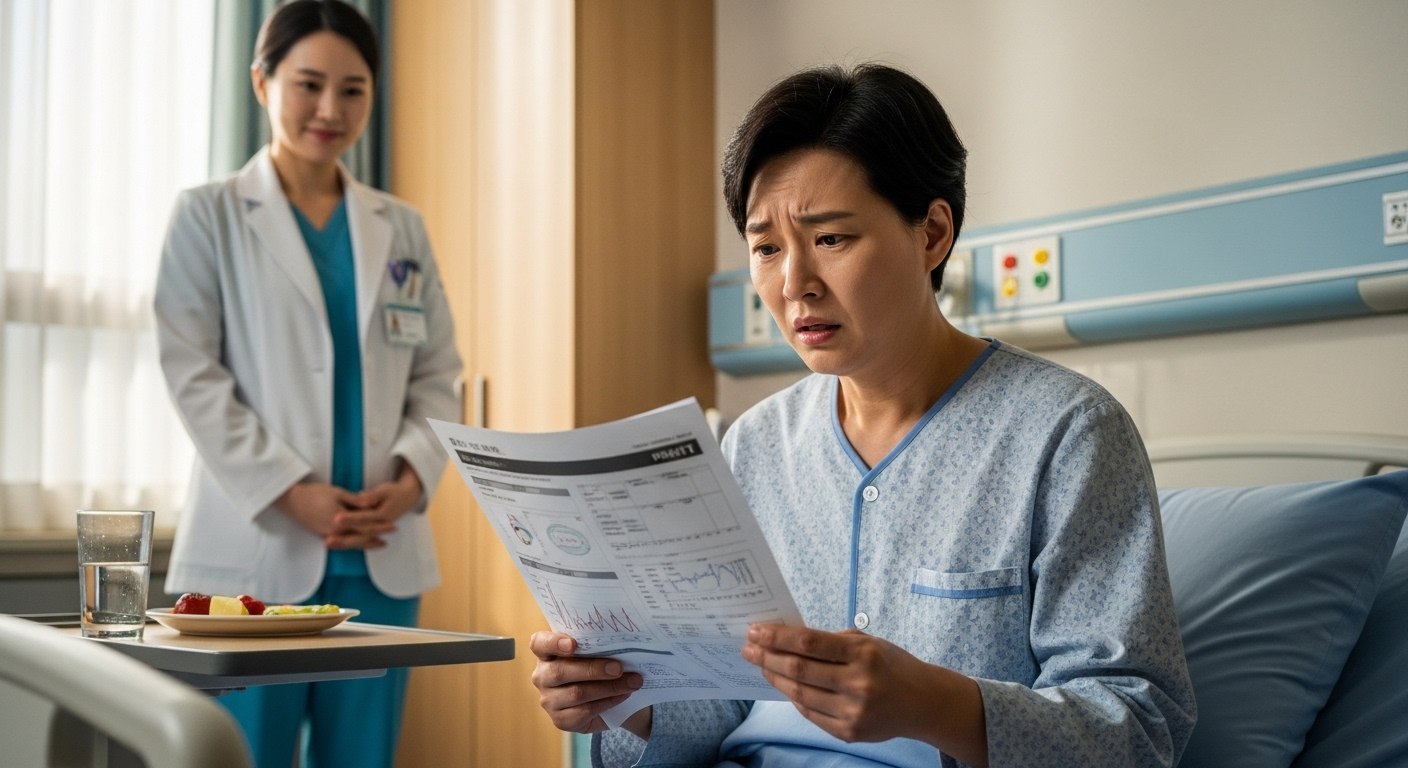 황달 수치를 확인하며 걱정하는 환자의 모습