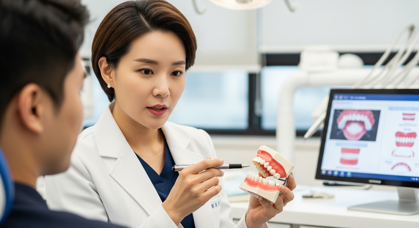 치과 의사가 환자에게 구강 건강을 설명하는 장면