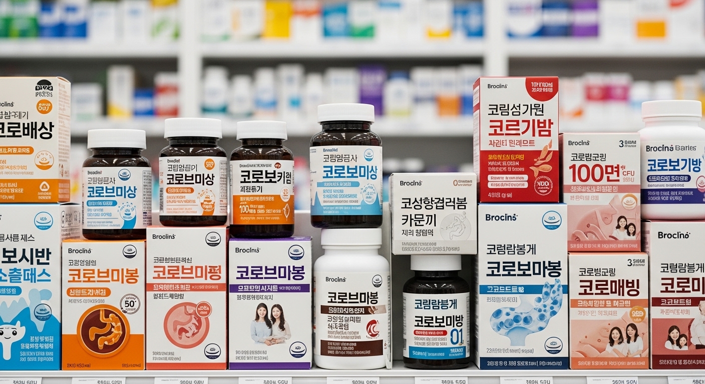약국 선반에 진열된 다양한 프로바이오틱스 제품들