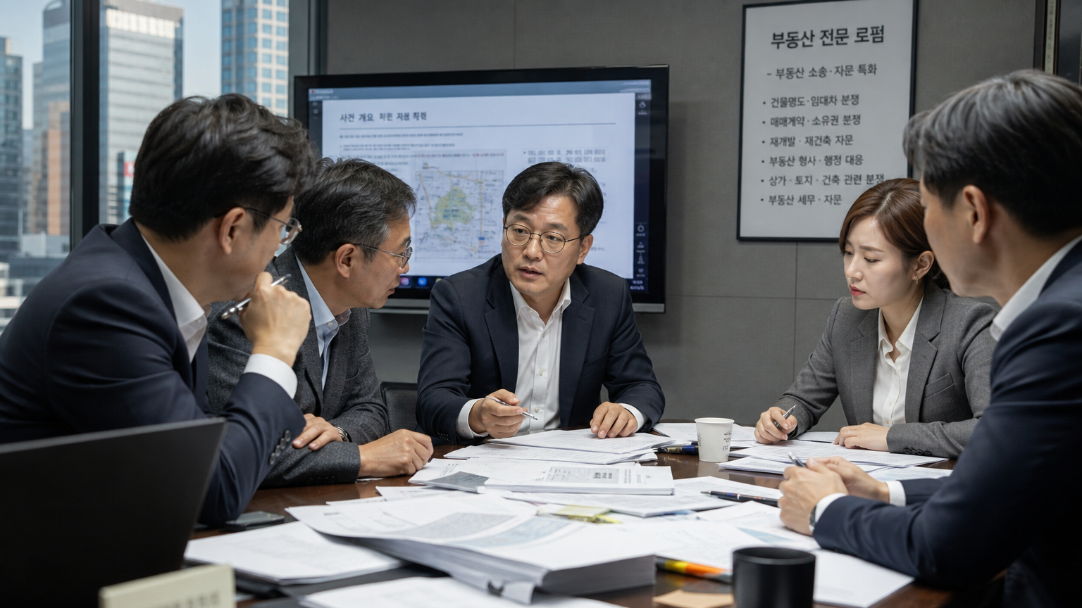 부동산 전문가들이 복잡한 서류를 놓고 회의하는 장면