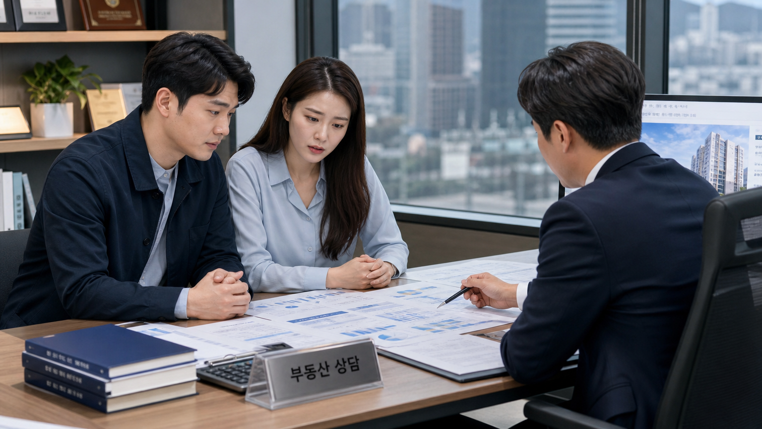 현대적인 사무실에서 부동산 문제에 대해 상담하는 커플과 전문 상담가