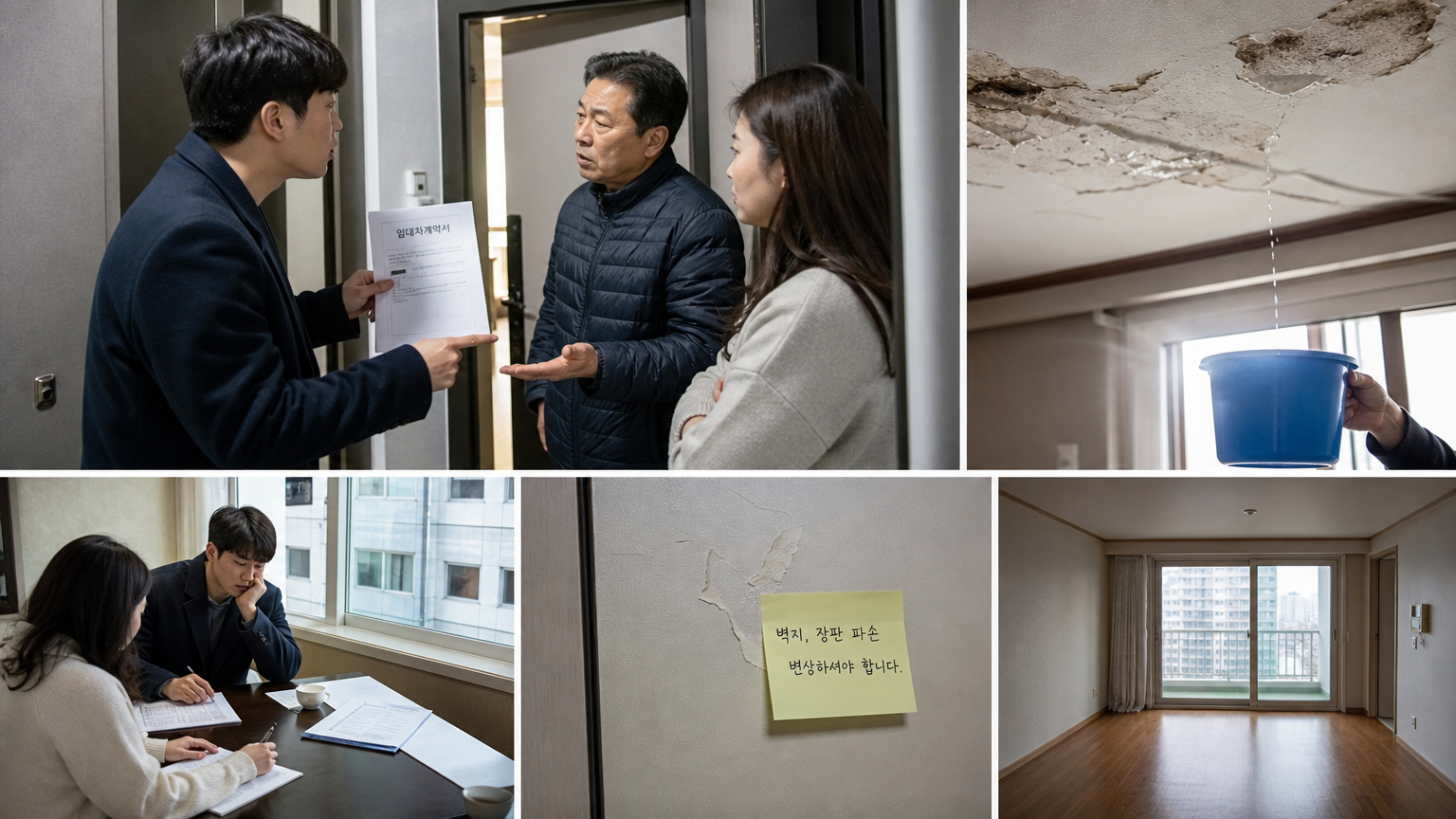 아파트에서 임대차 계약 및 수리 책임 등 다양한 부동산 분쟁 상황