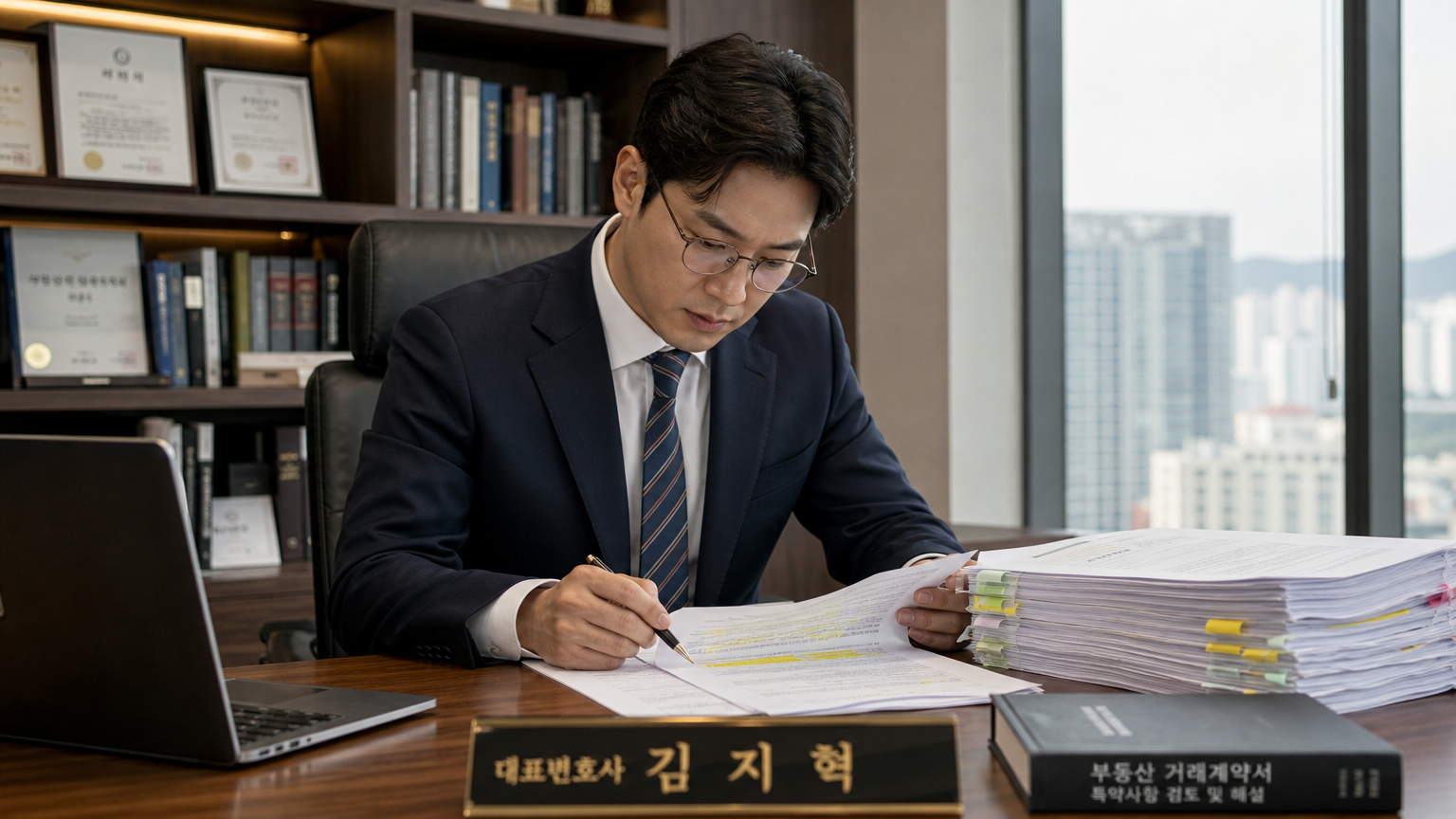 고층 사무실에서 특약사항이 강조된 부동산 계약서를 검토하는 법률 상담가