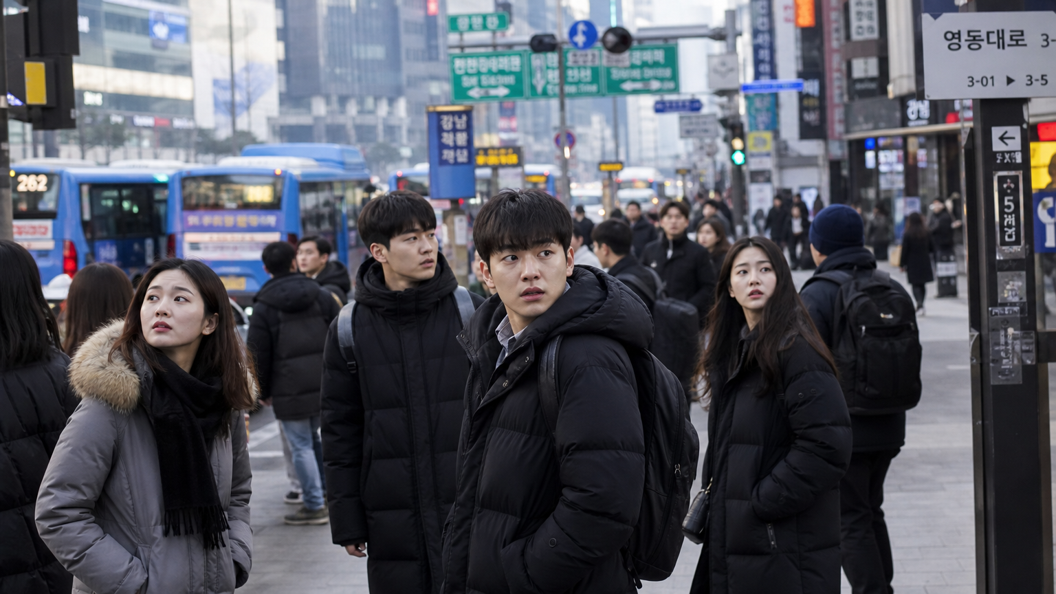 도심 속에서 주변을 경계하는 사람들