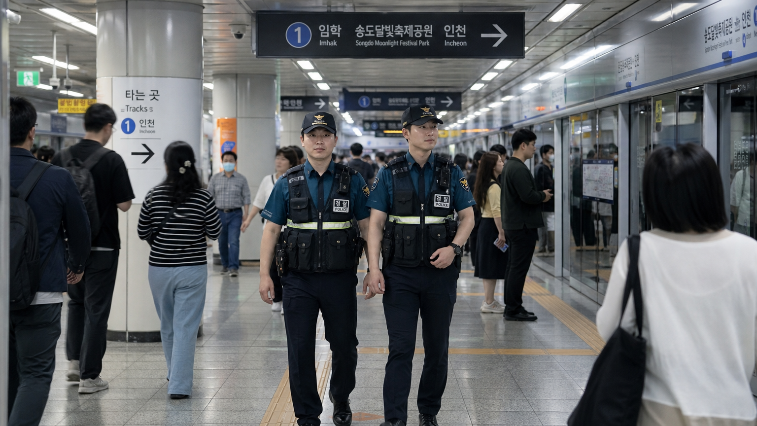 지하철역에서 순찰 중인 경찰관들