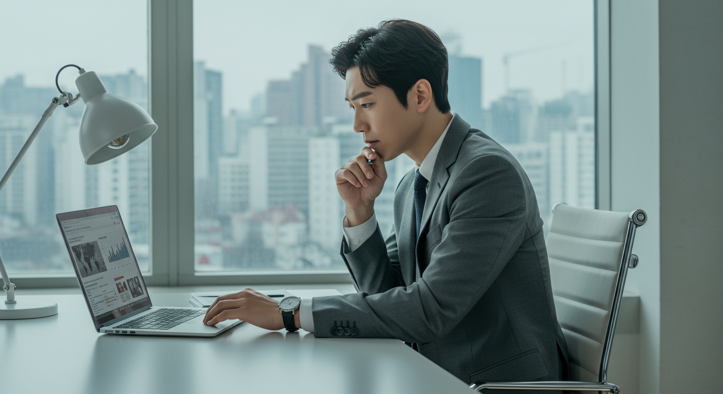 서울의 현대식 사무실에서 노트북으로 미국 관세와 글로벌 무역 영향 뉴스를 검토하는 비즈니스 분석가의 집중된 모습