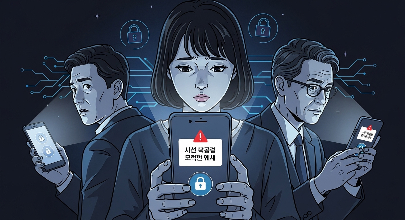 스마트폰으로 데이터 유출 알림을 받으며 걱정하는 사람들