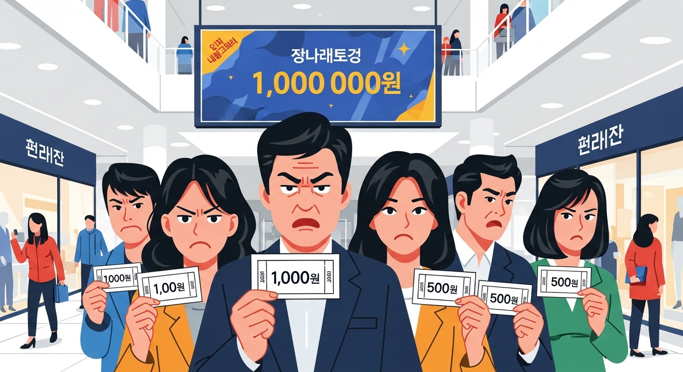 쇼핑 환경에서 작은 금액의 쿠폰을 들고 있는 소비자들