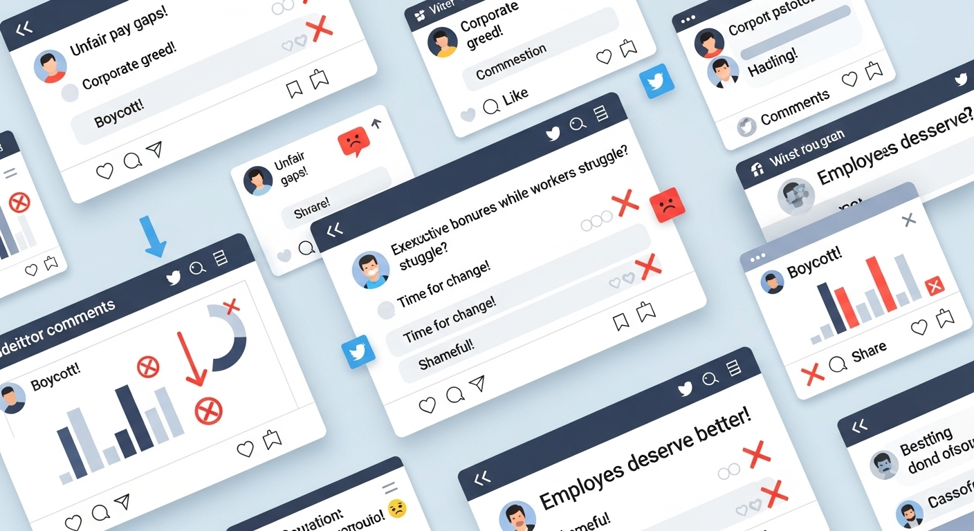 기업 보상 계획에 대한 비판적인 온라인 토론 장면