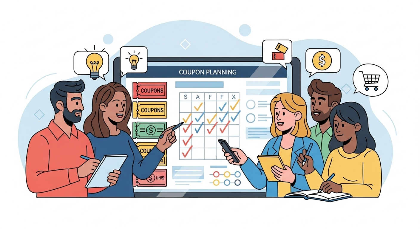 디지털 플래너 앱에서 쿠폰 사용 계획을 세우는 소비자들