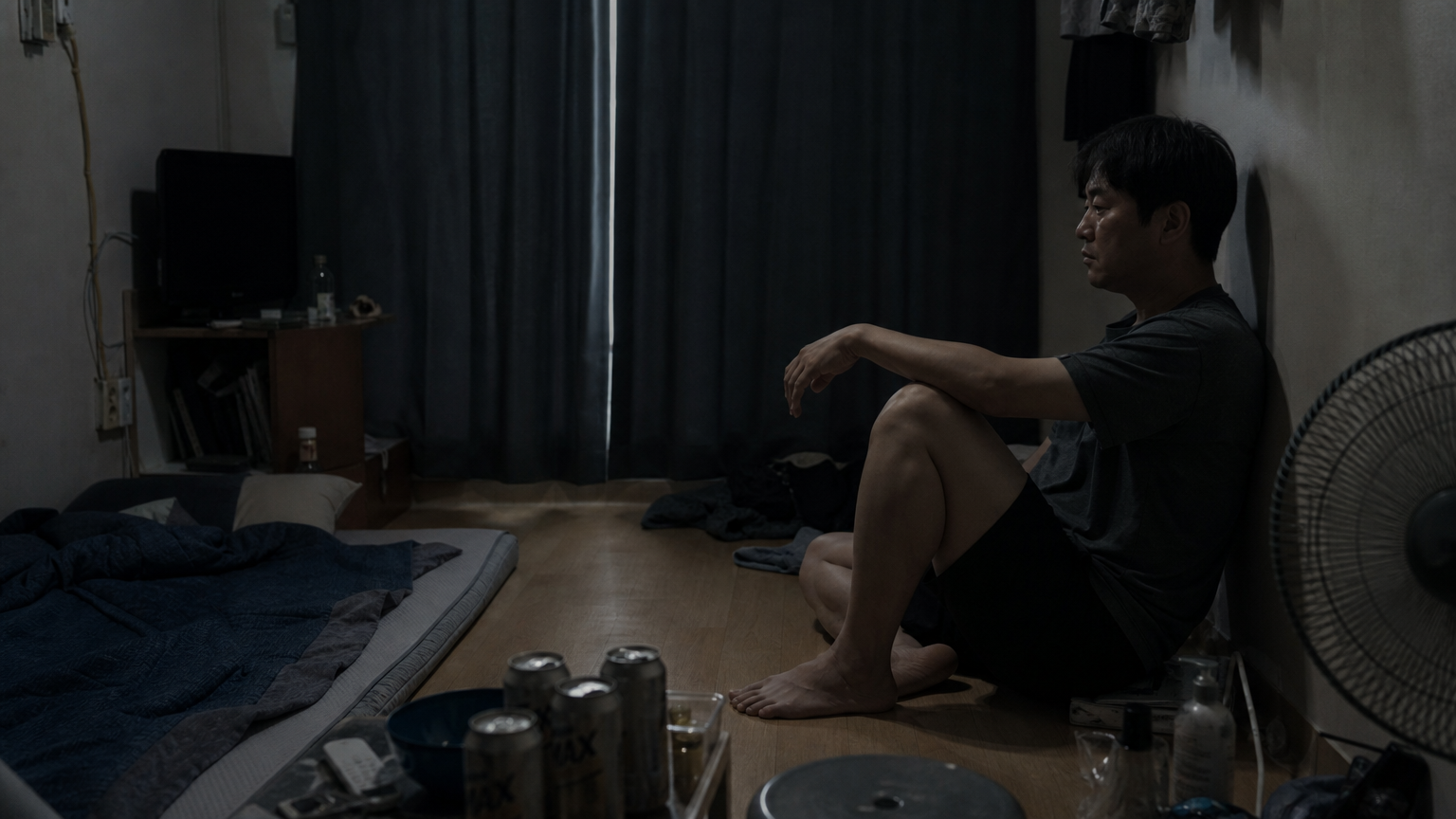 어두운 방에서 홀로 앉아 있는 남성의 모습, 외로움과 방치가 드러나는 장면